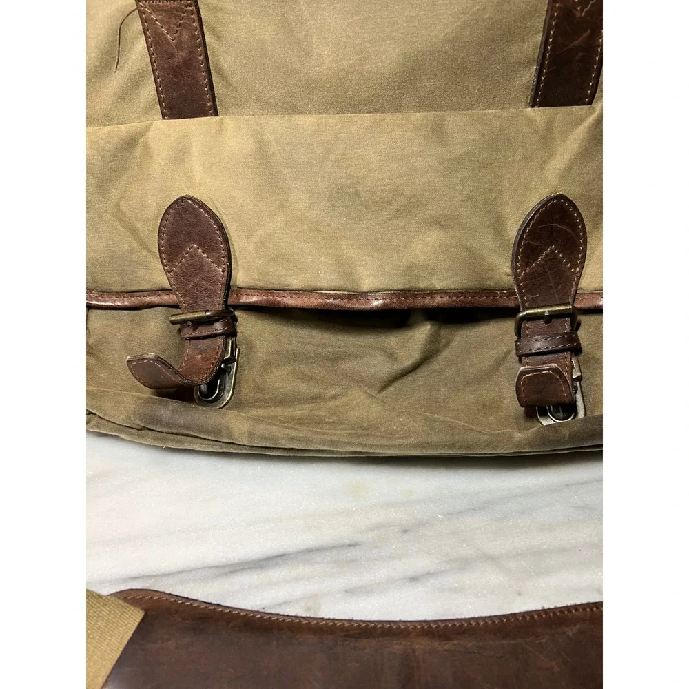 Schlesinger Messenger Laptop Bag VTG Waxed Canvas Briefcase Leather Trim Olive